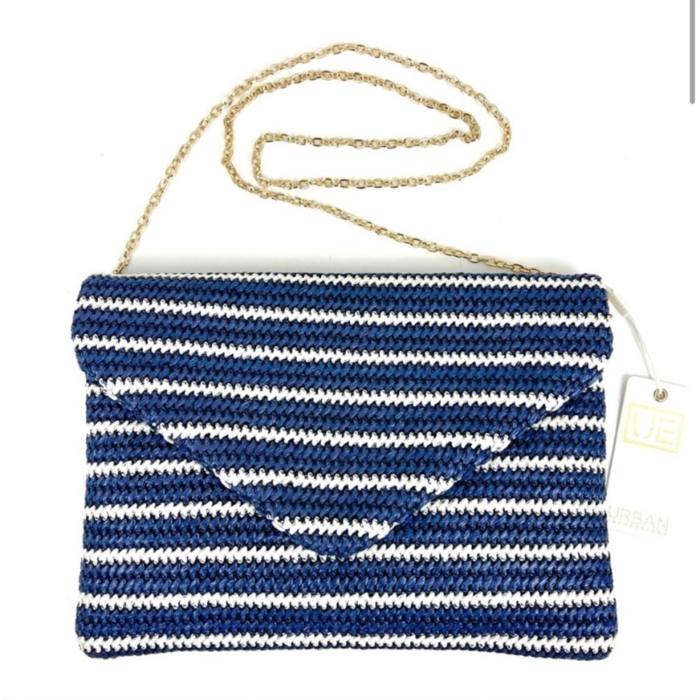 NEW NWT BTQ Blue Creamy White Stripe Straw clutch with gold link shoulder strap